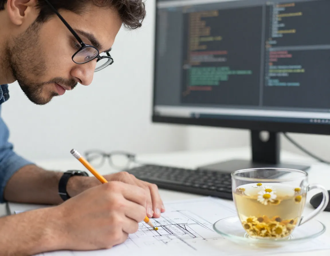 Chamomile tea supports mental clarity for man focusing on complex task