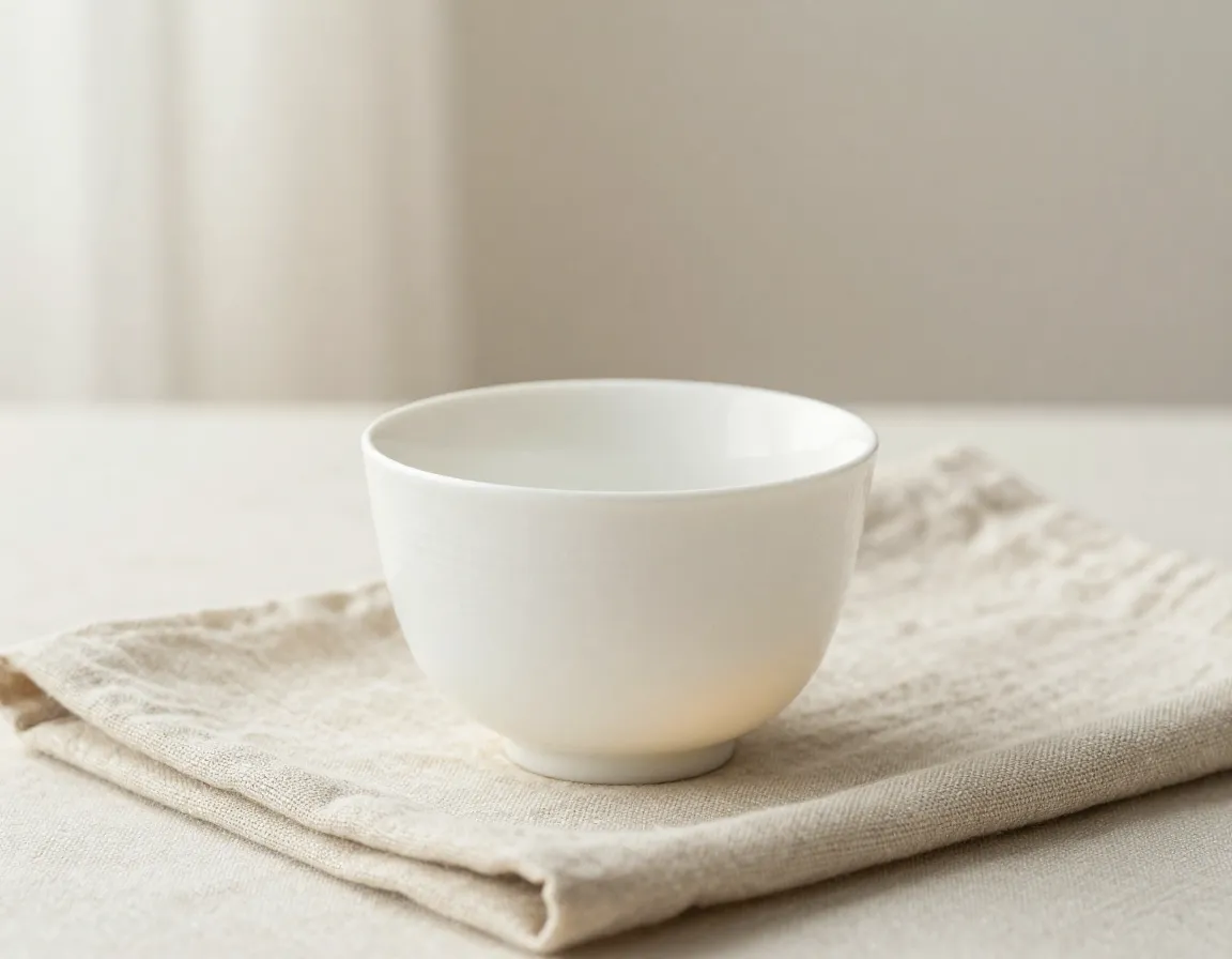 Classic white textured tea cup on linen with soft glow