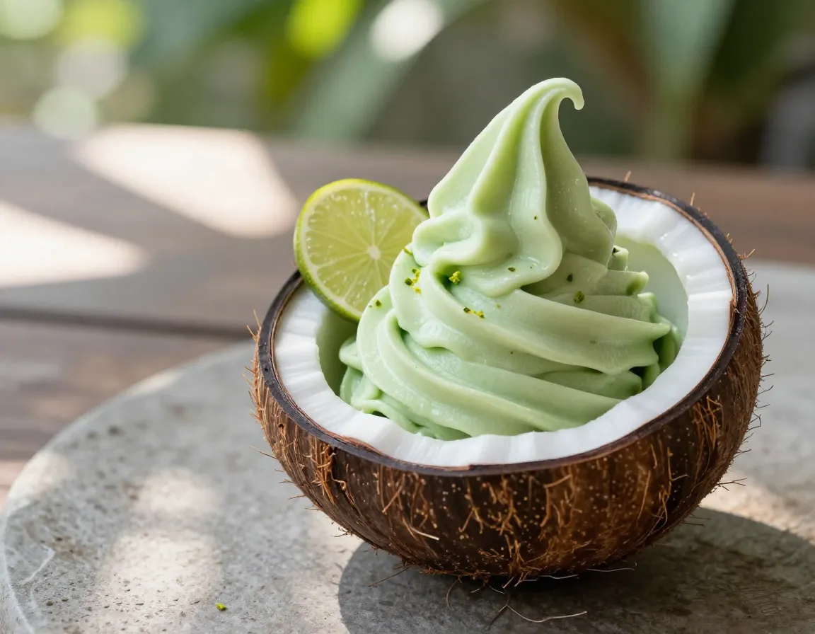 Dairy free matcha coconut tropical fusion soft serve with lime