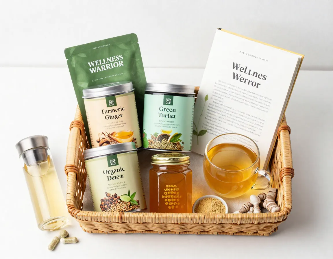 Wellness warrior basket with green turmeric tea and organic superfoods