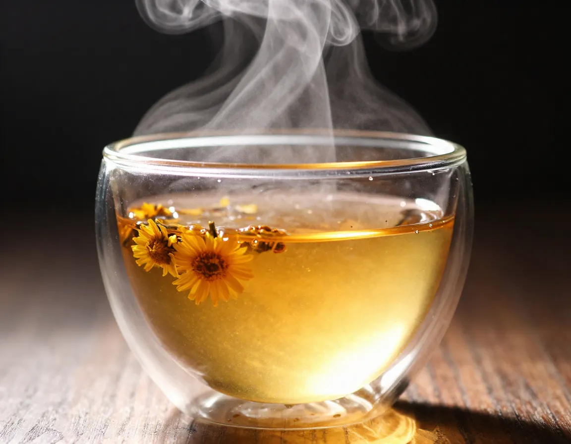 Glass tea cup with golden tea and dramatic backlit steam