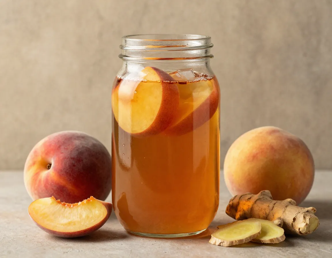 Peach and ginger infused black tea cold brew in jar