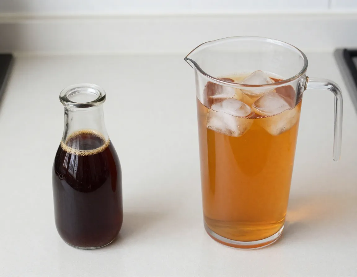 Dark cold brew tea concentrate next to diluted serving