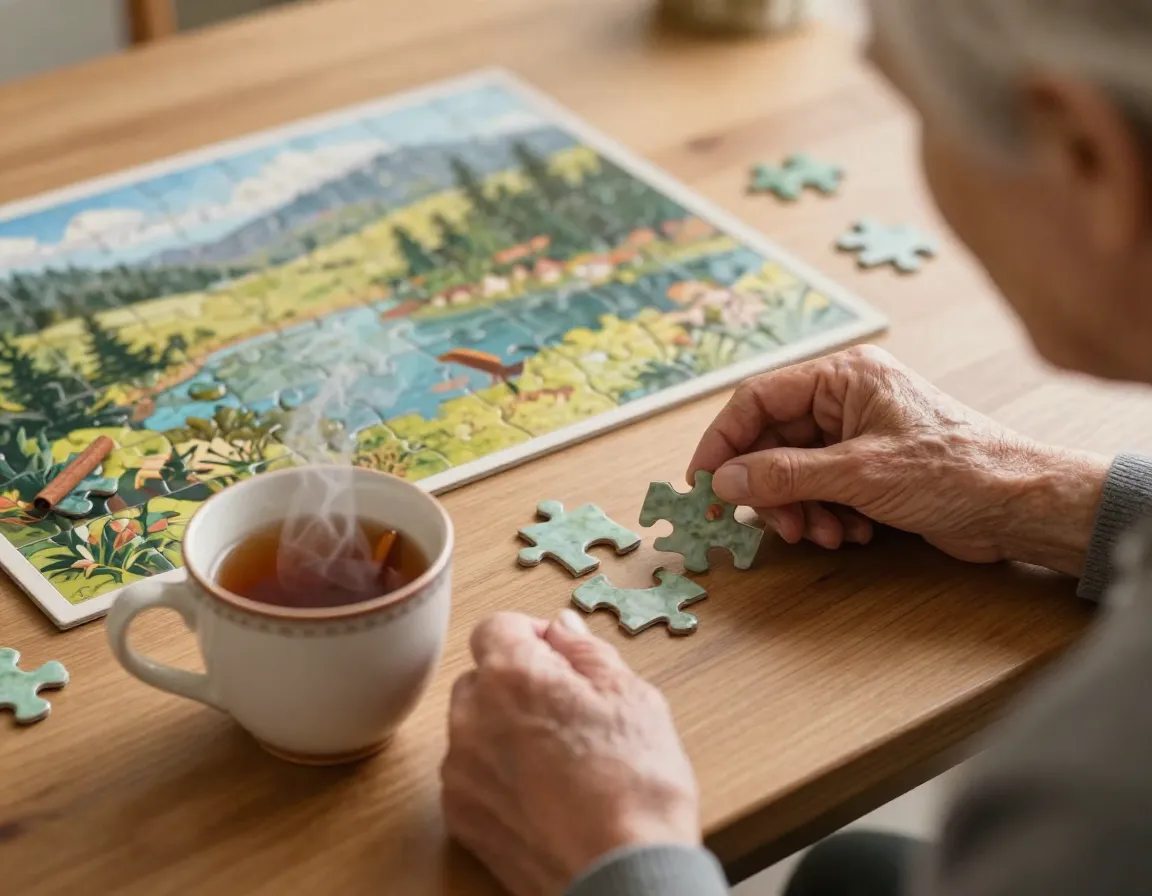Elderly person doing a puzzle with a steaming cup of cinnamon tea