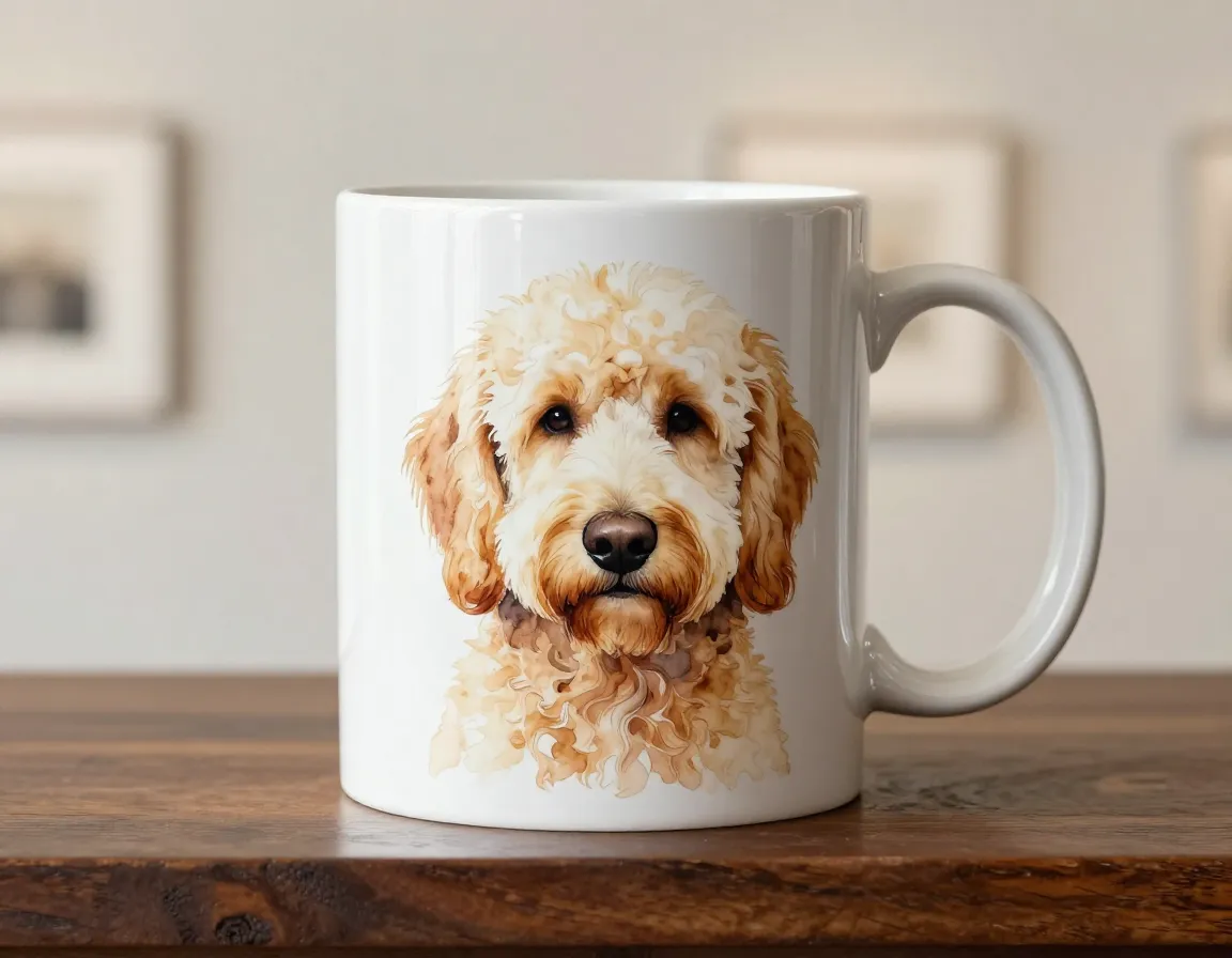 Artistic watercolor golden doodle portrait on ceramic mug