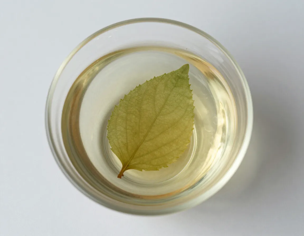 Glass tea cup with floating leaf design in clear liquid