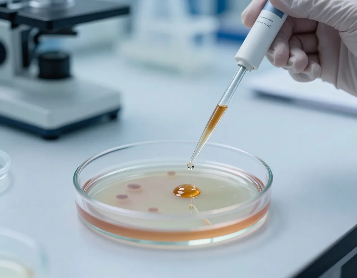 Laboratory petri dish with cell culture and cinnamon extract droplets