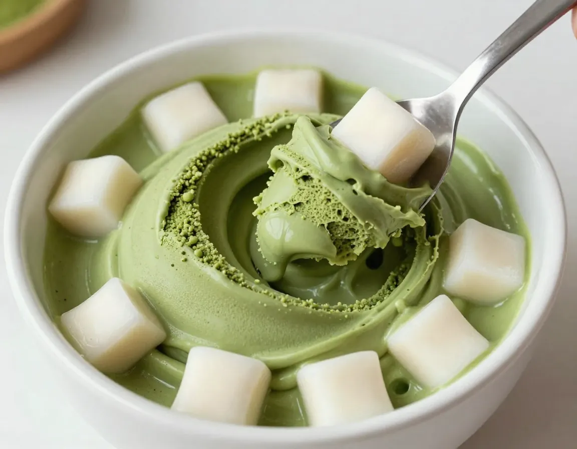 Matcha mochi chunk delight soft serve with chewy mochi pieces