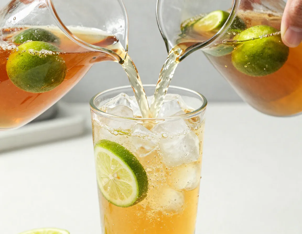 Sparkling cold brew tea being poured into ice filled glass