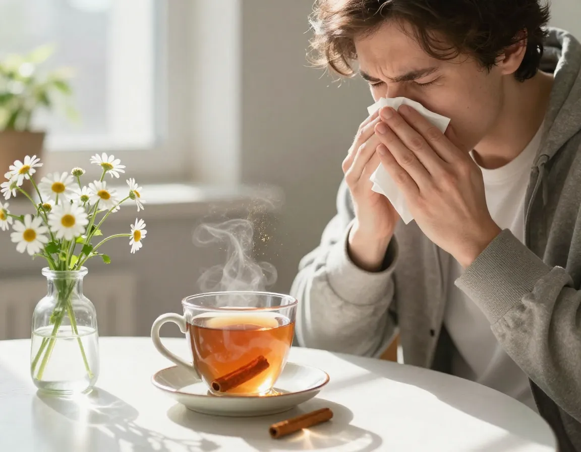 Person sneezing into tissue with cup of cinnamon tea on a spring table