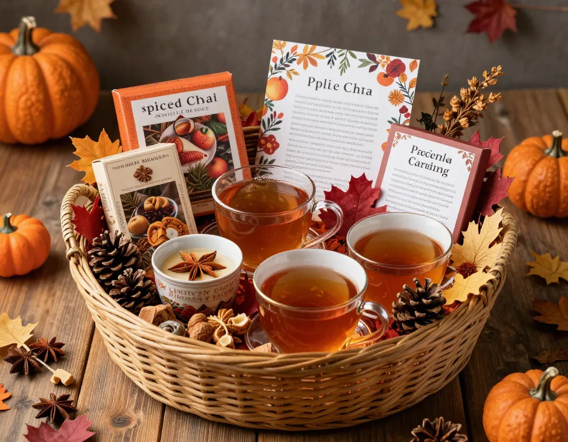 Seasonal celebration basket with spiced chai fall treats and decorations