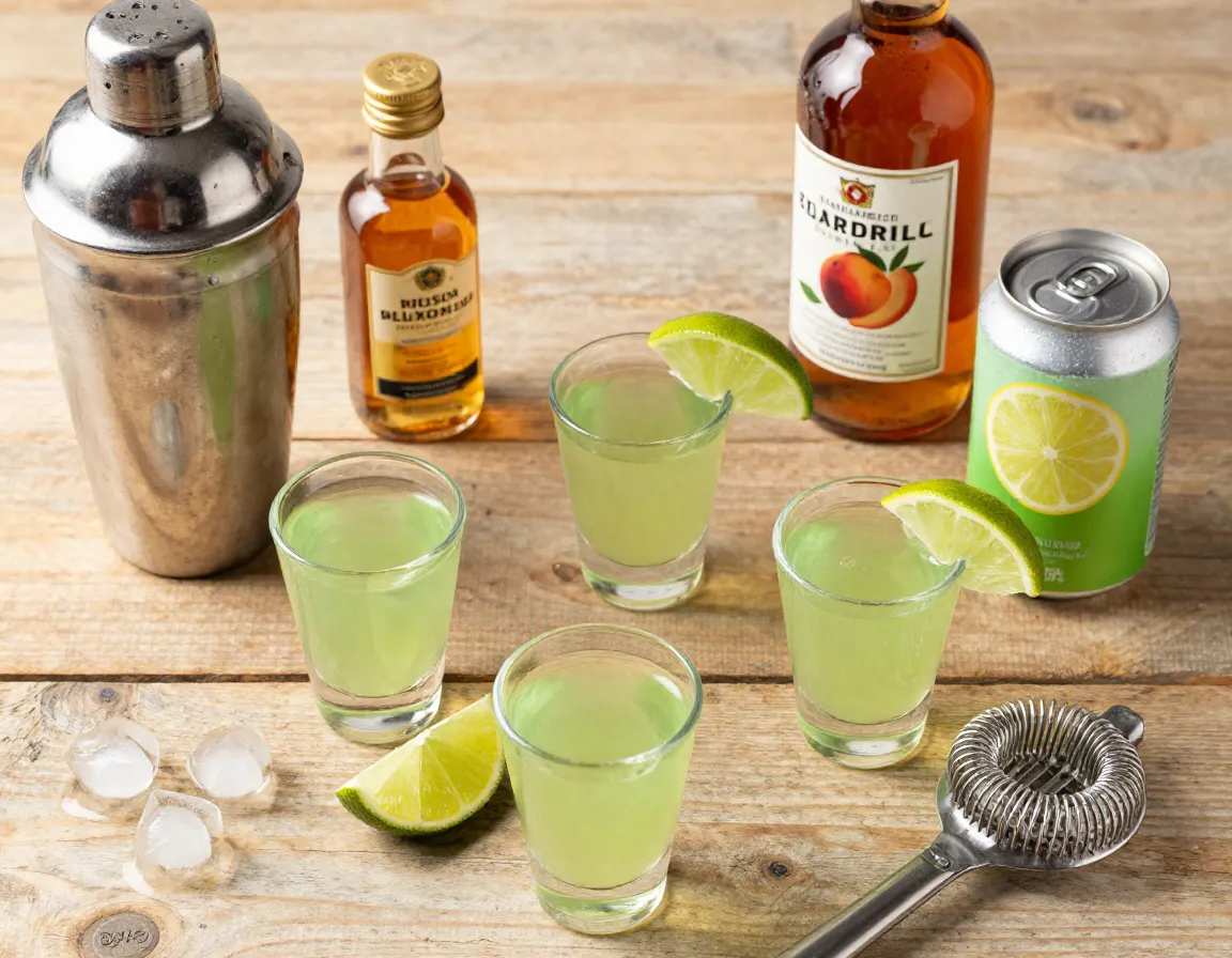 Classic green tea shot with whiskey peach schnapps lime garnish