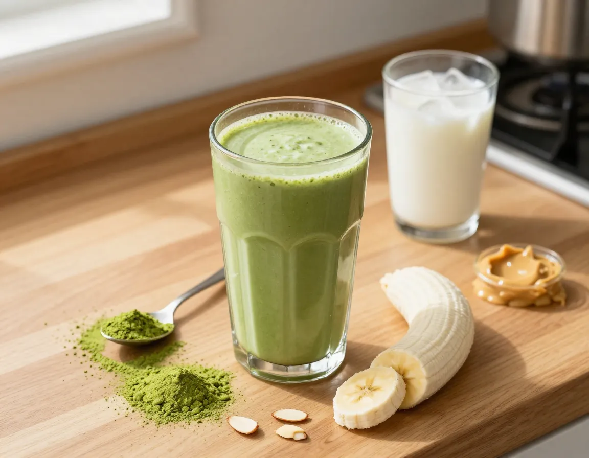 Classic vanilla matcha protein shake in a glass on a kitchen counter