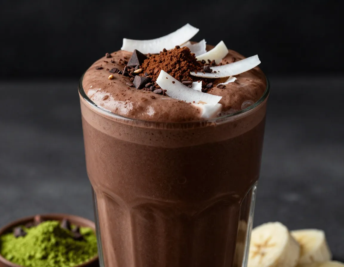 Chocolate matcha protein fusion shake with cacao nibs and coconut
