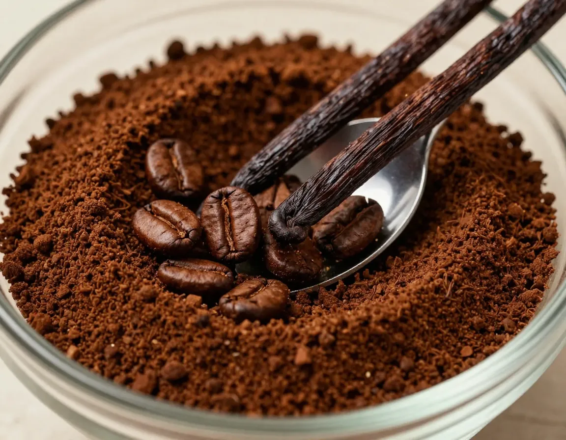 Vanilla bean pieces mixed into coffee grounds for cold drip infusion
