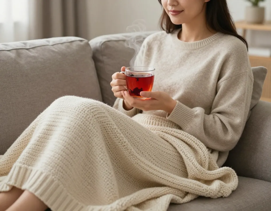 Woman relaxing on a sofa with red raspberry leaf tea for pms relief