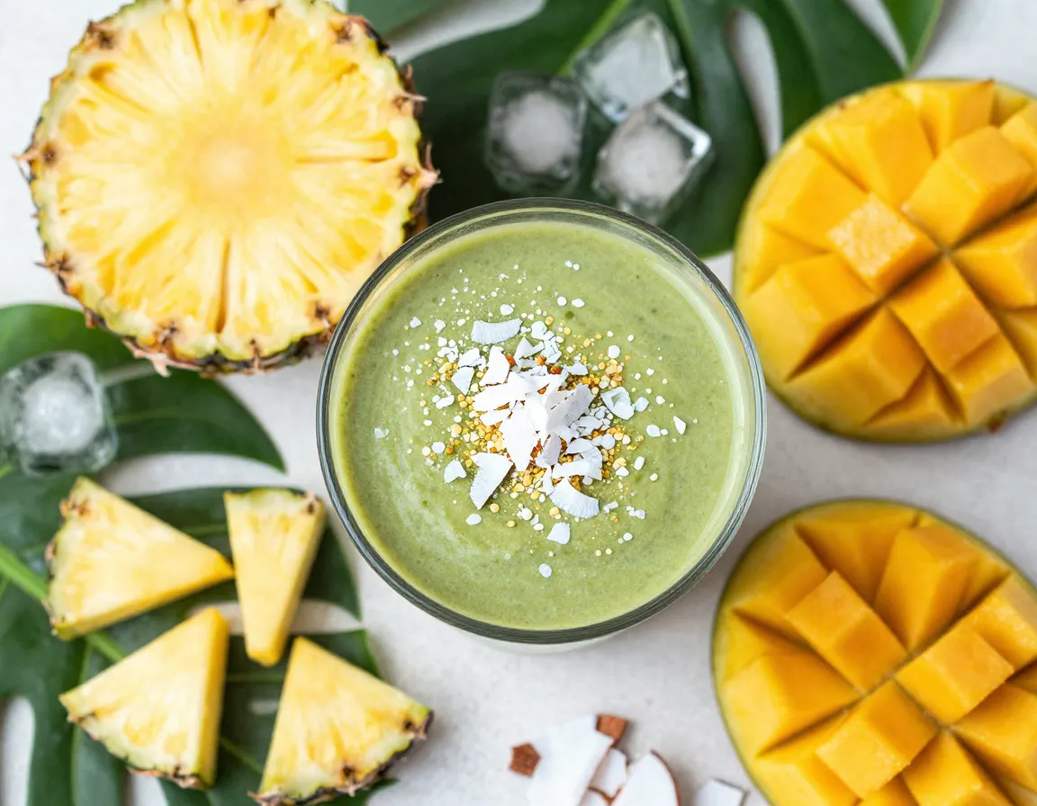 Tropical matcha paradise smoothie with pineapple and mango