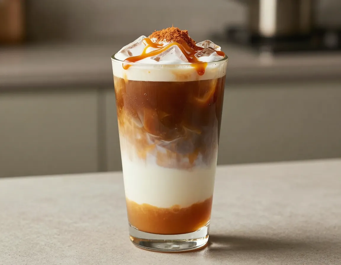 Caramel macchiato cold drip layered in a glass with sauce and milk