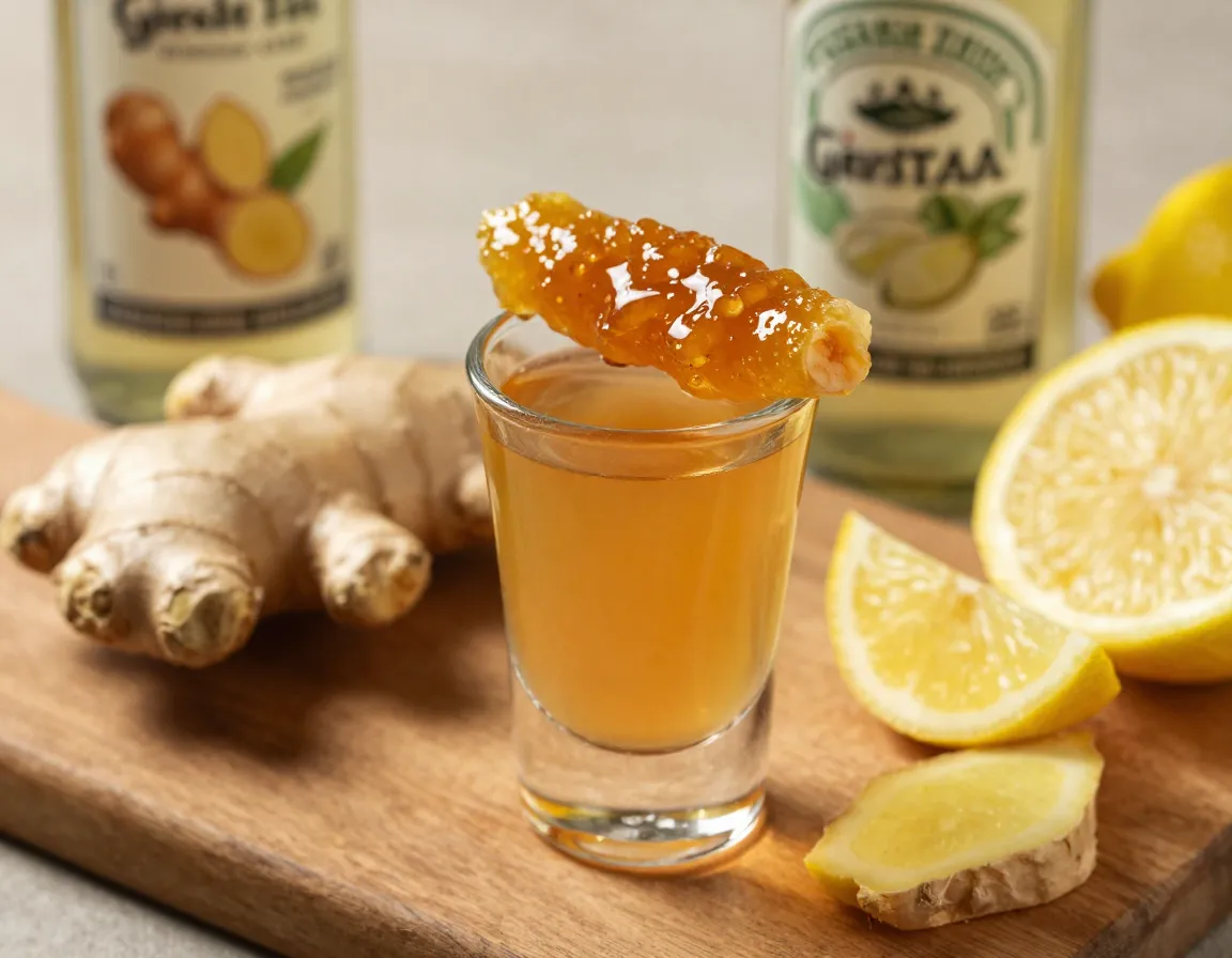Ginger zing green tea shot with candied ginger garnish