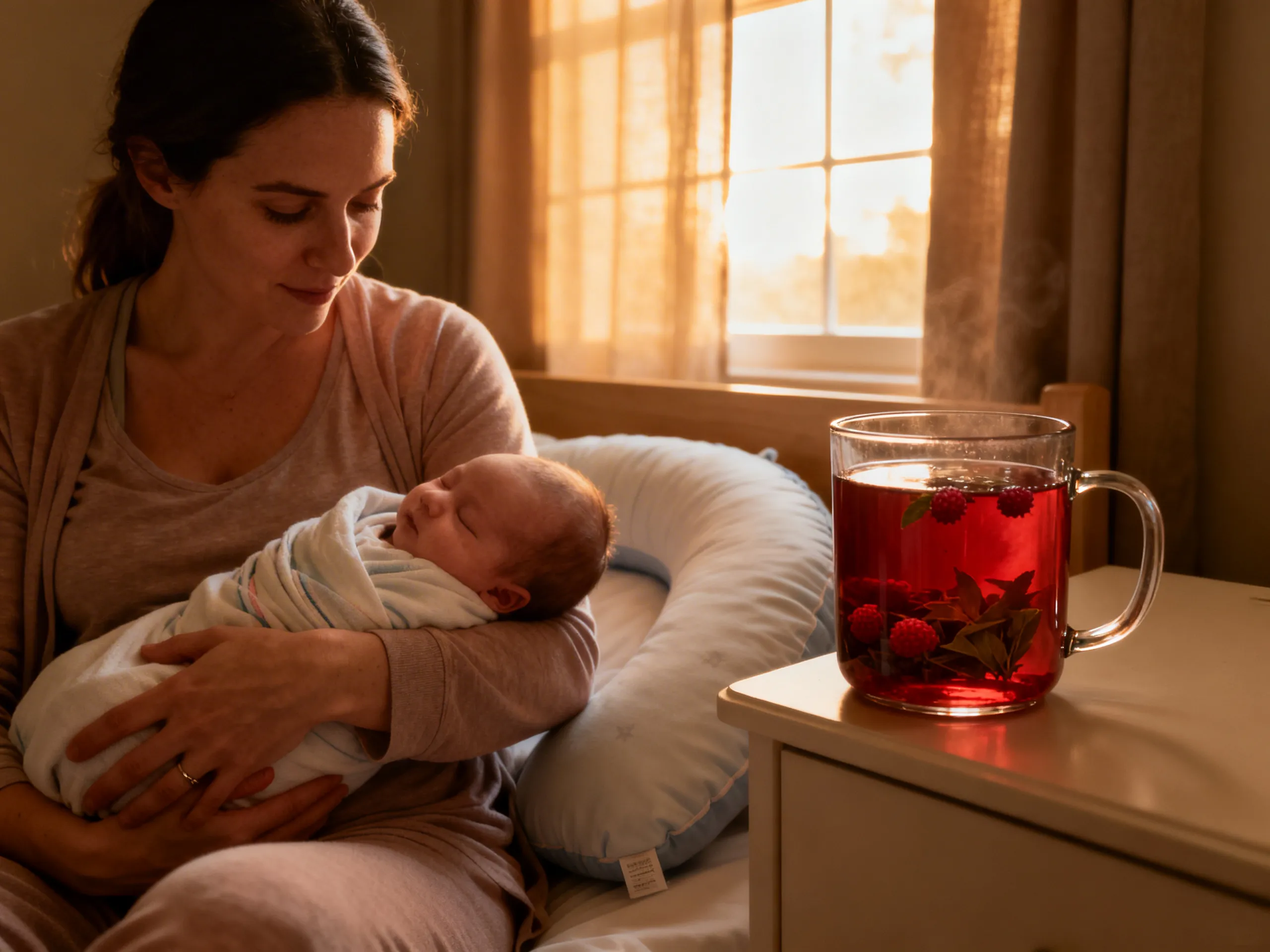 New mother with baby and red raspberry leaf tea during postpartum recovery