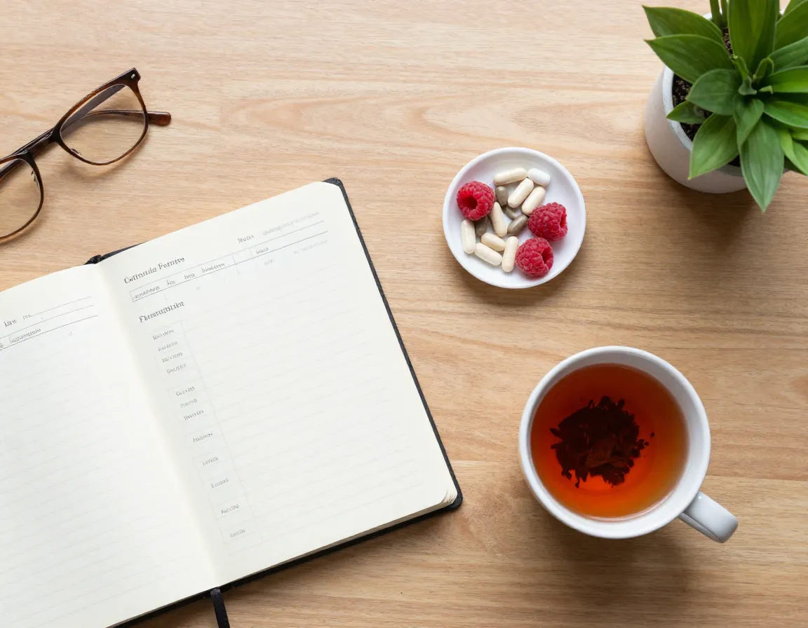 A fertility journal and red raspberry leaf tea on a desk with vitamins