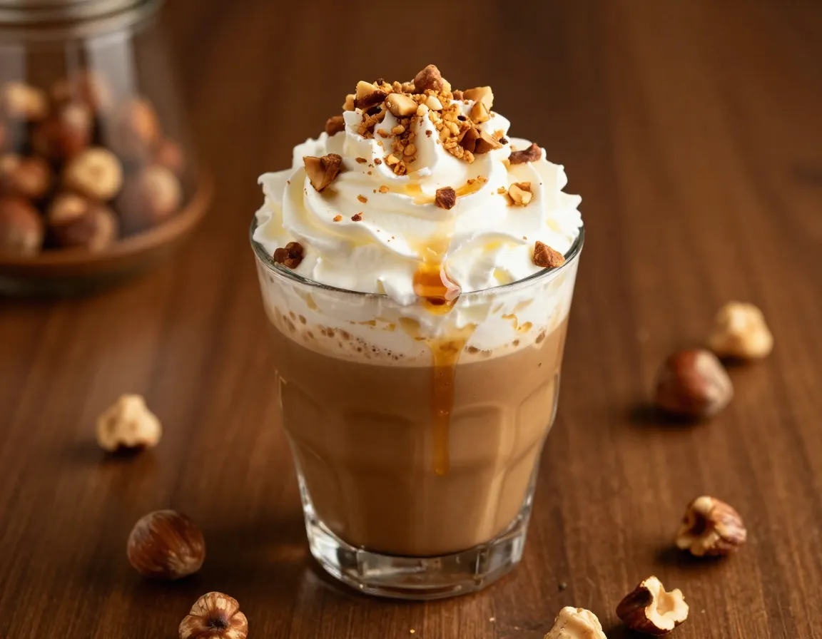 Hazelnut praline cold drip topped with whipped cream and toasted nuts