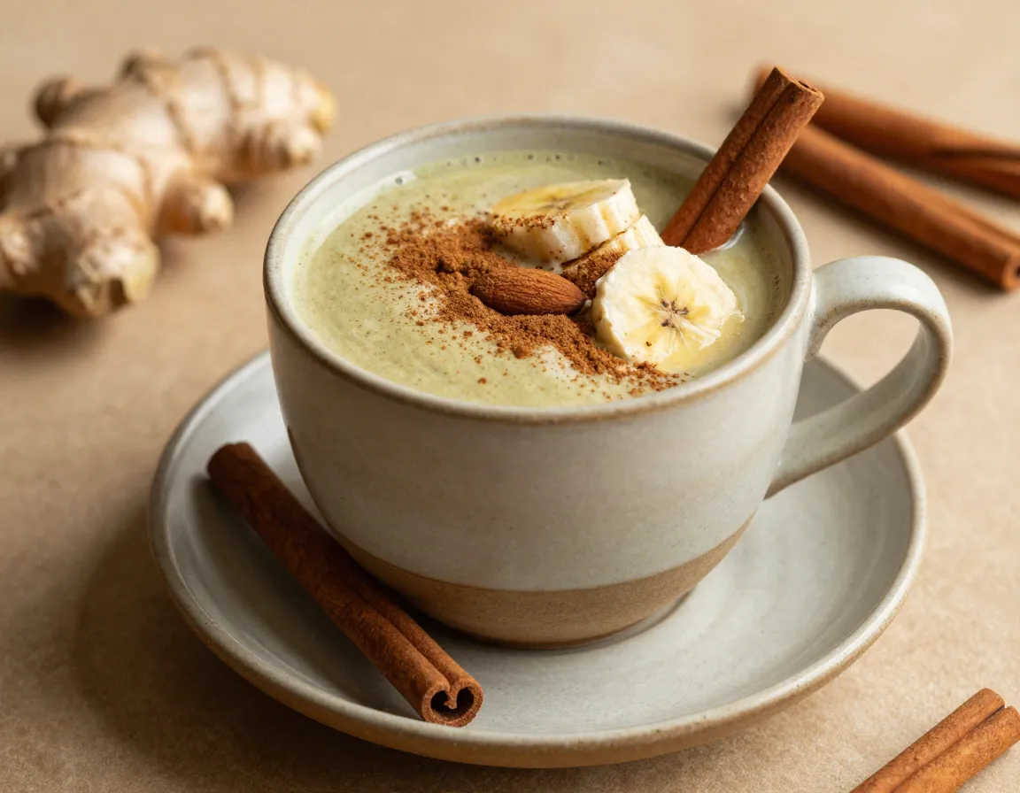 Spiced chai matcha protein shake with cinnamon and ginger