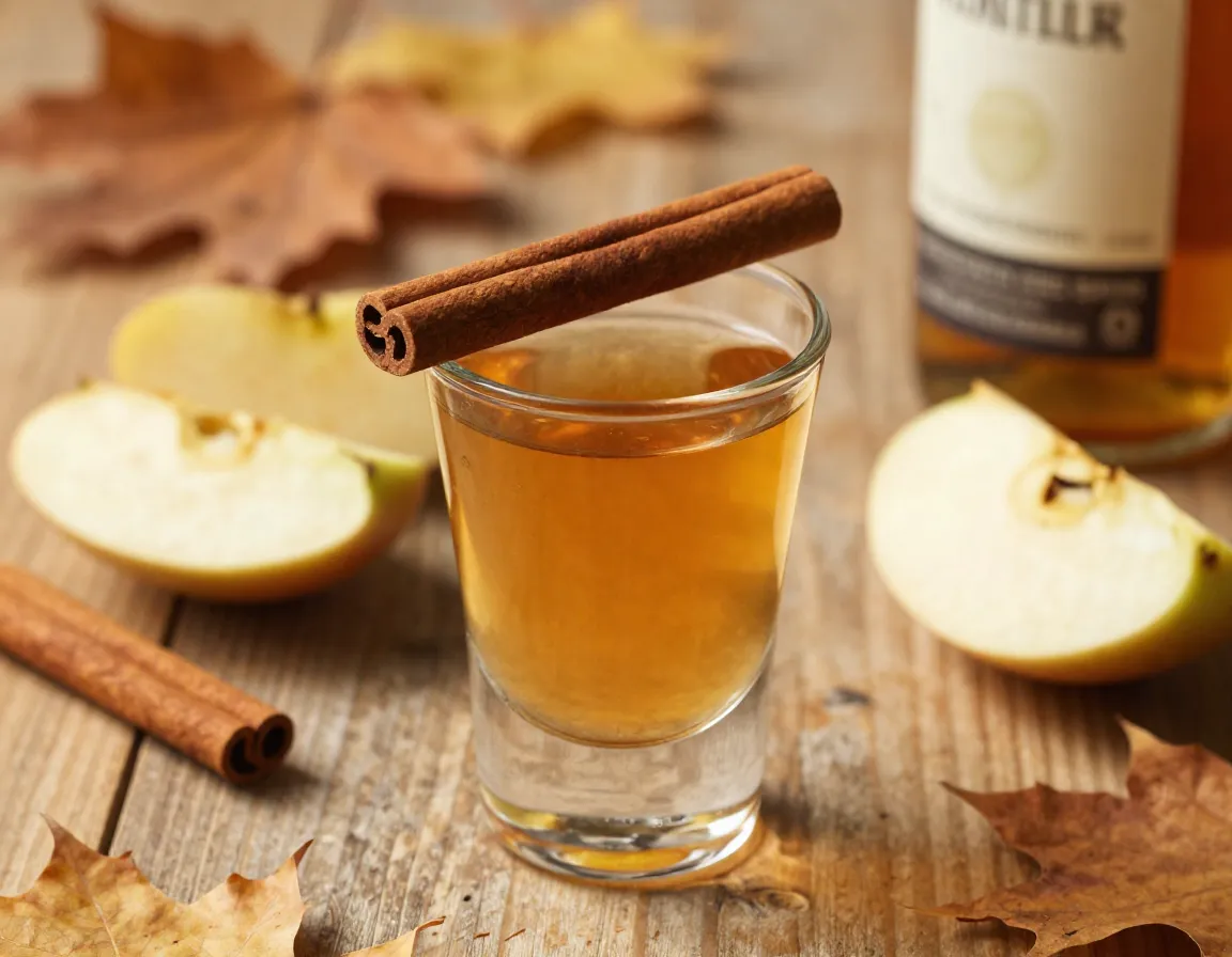 Cinnamon apple green tea shot with cinnamon stick garnish