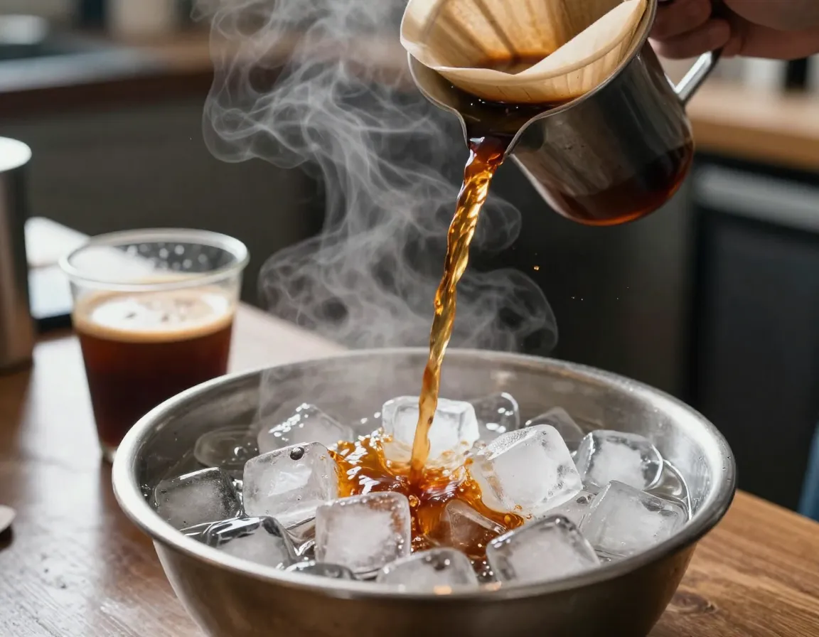 Snap chilled hybrid method pouring hot coffee over an ice bath