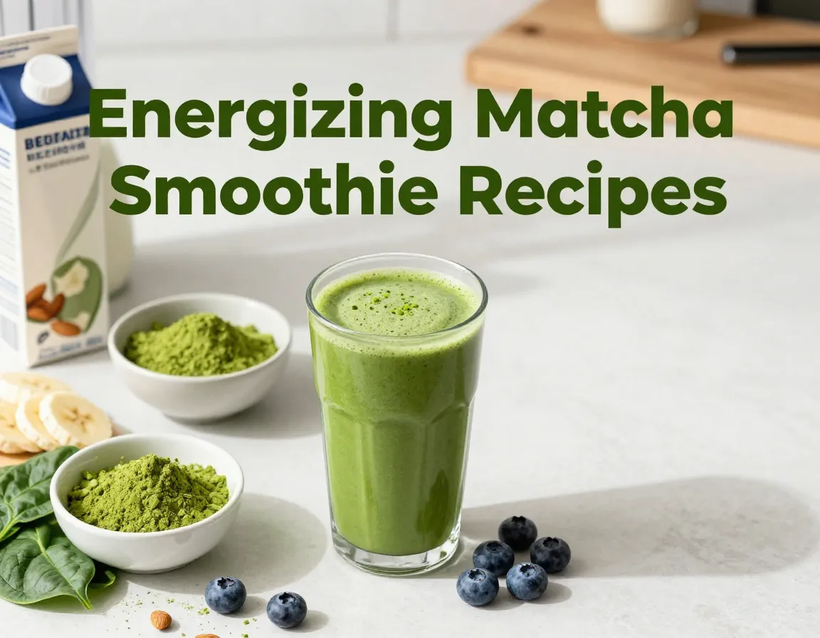 Energizing matcha smoothie glass ingredients kitchen morning flat lay