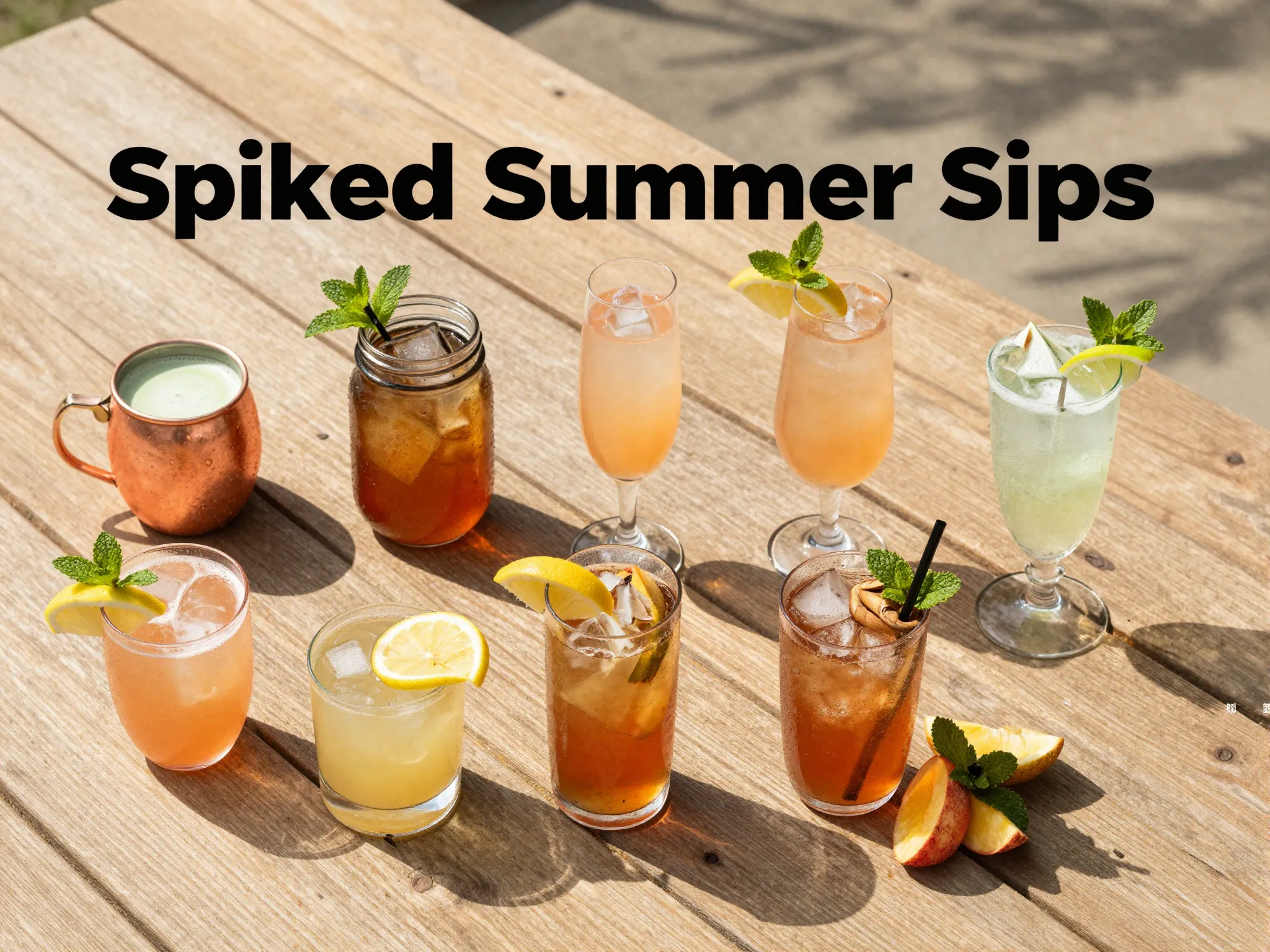 Nine spiked iced tea cocktails on sunlit deck aerial view