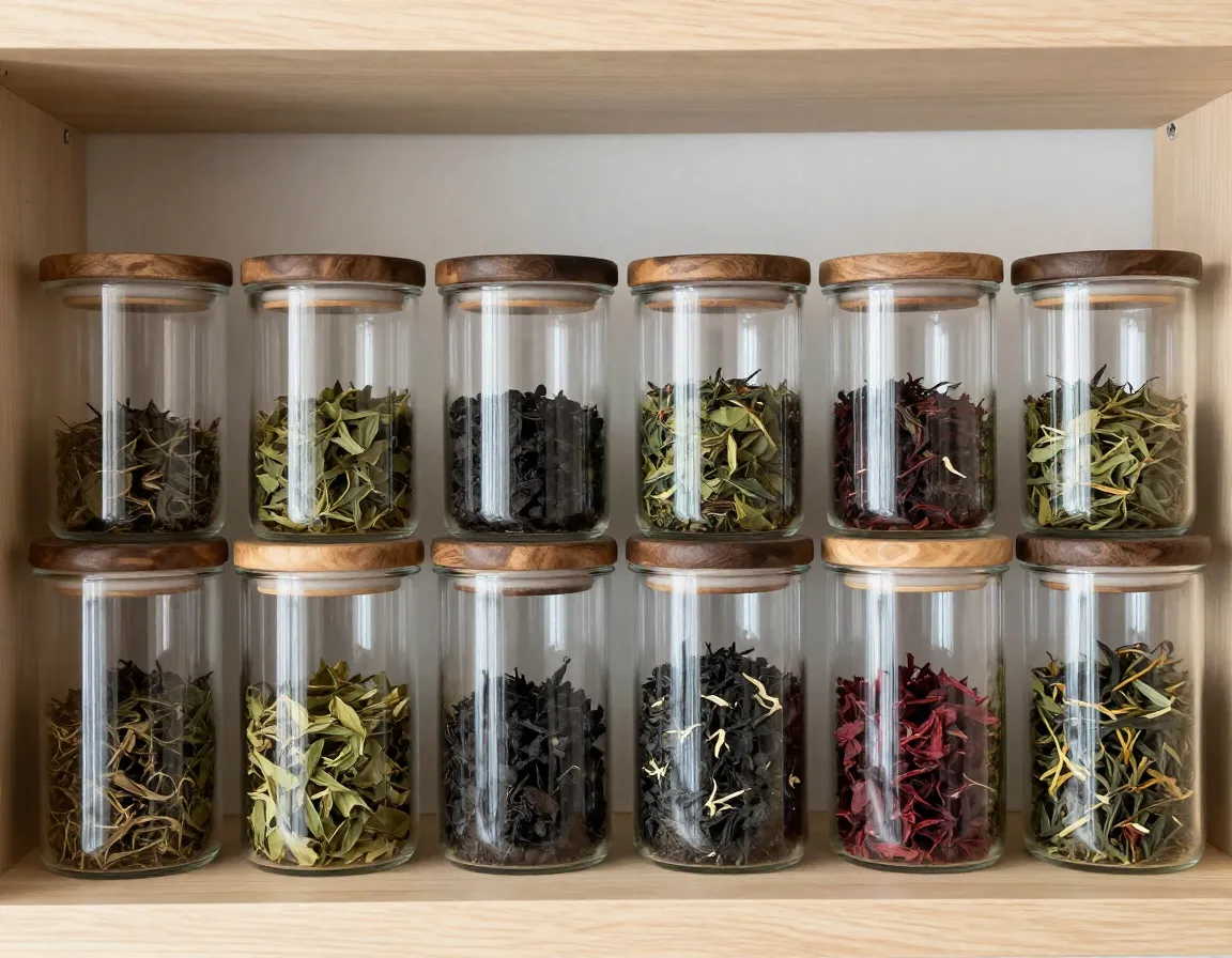 Airtight glass canisters with wooden lids on organized kitchen shelf