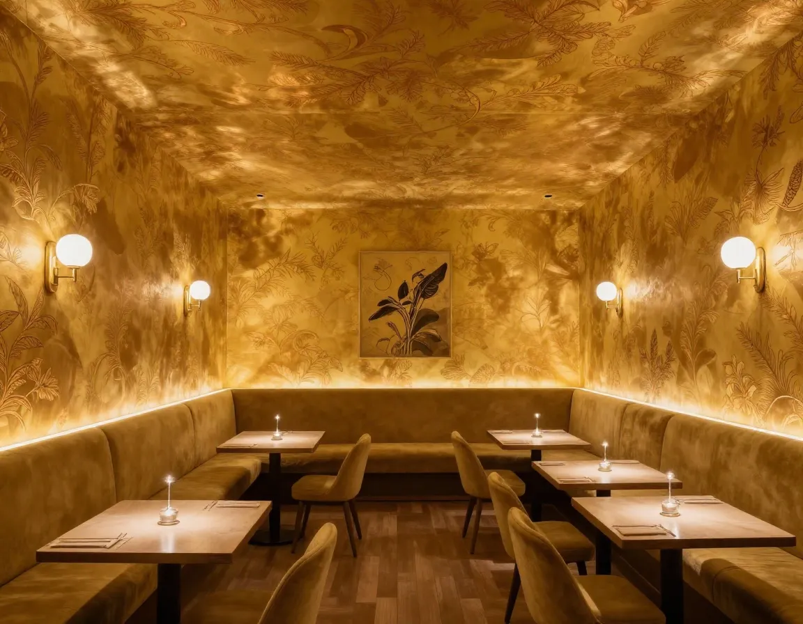 Iconic gallery location artistic setting burnished yellow copper wallpaper interior
