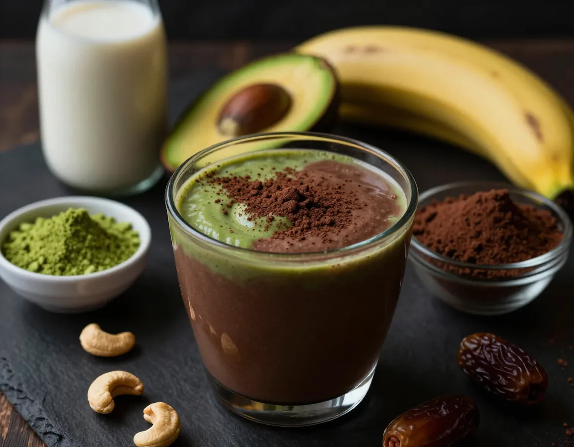 Chocolate matcha fusion smoothie with cacao avocado rich texture