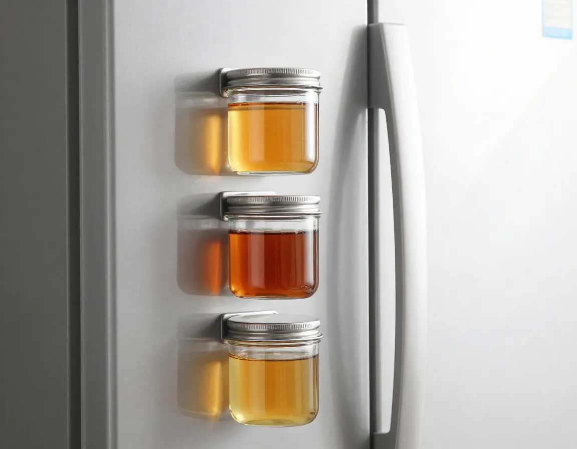 Magnetic tea jars attached to the side of a refrigerator