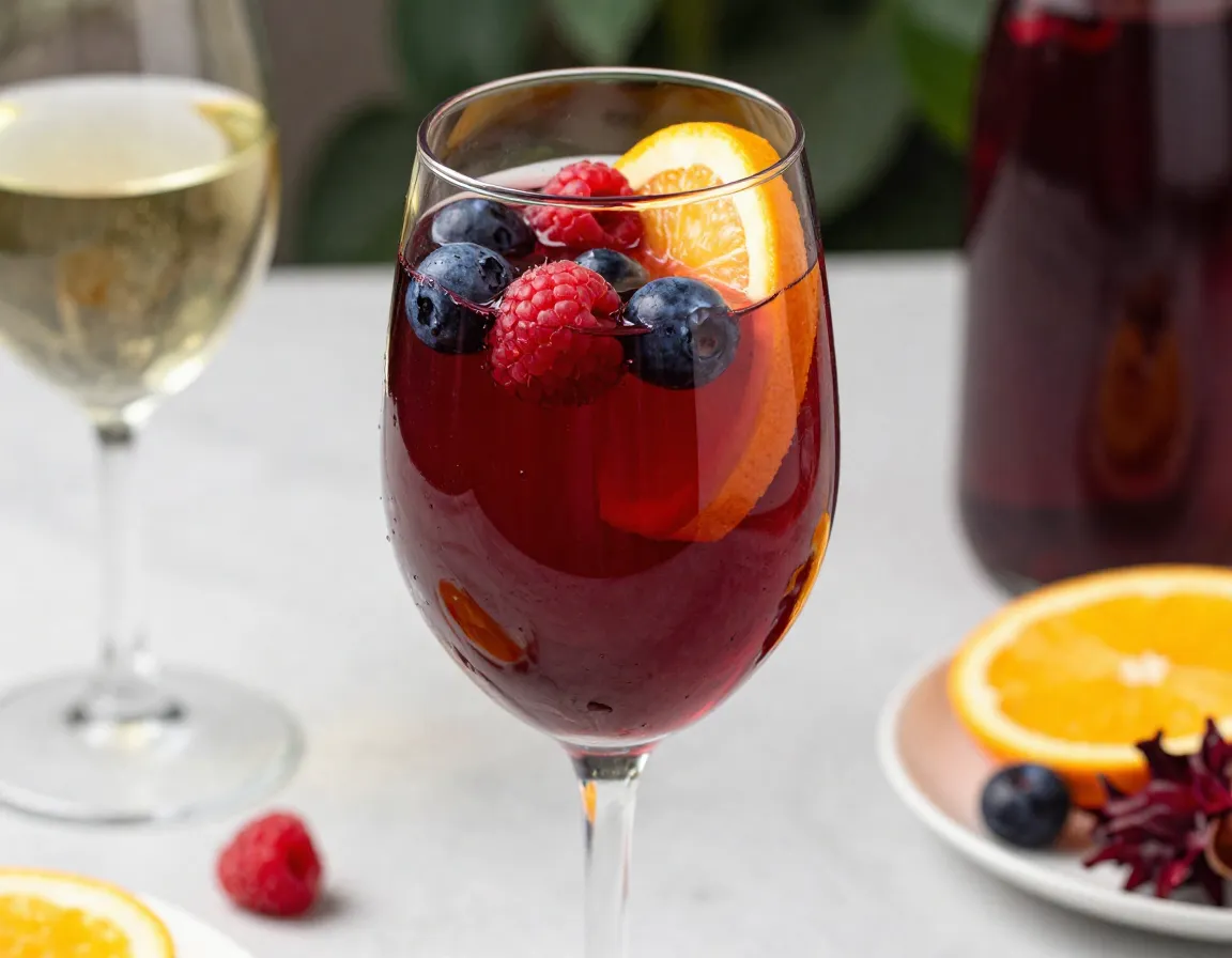 Ruby red hibiscus tea sangria in a wine glass