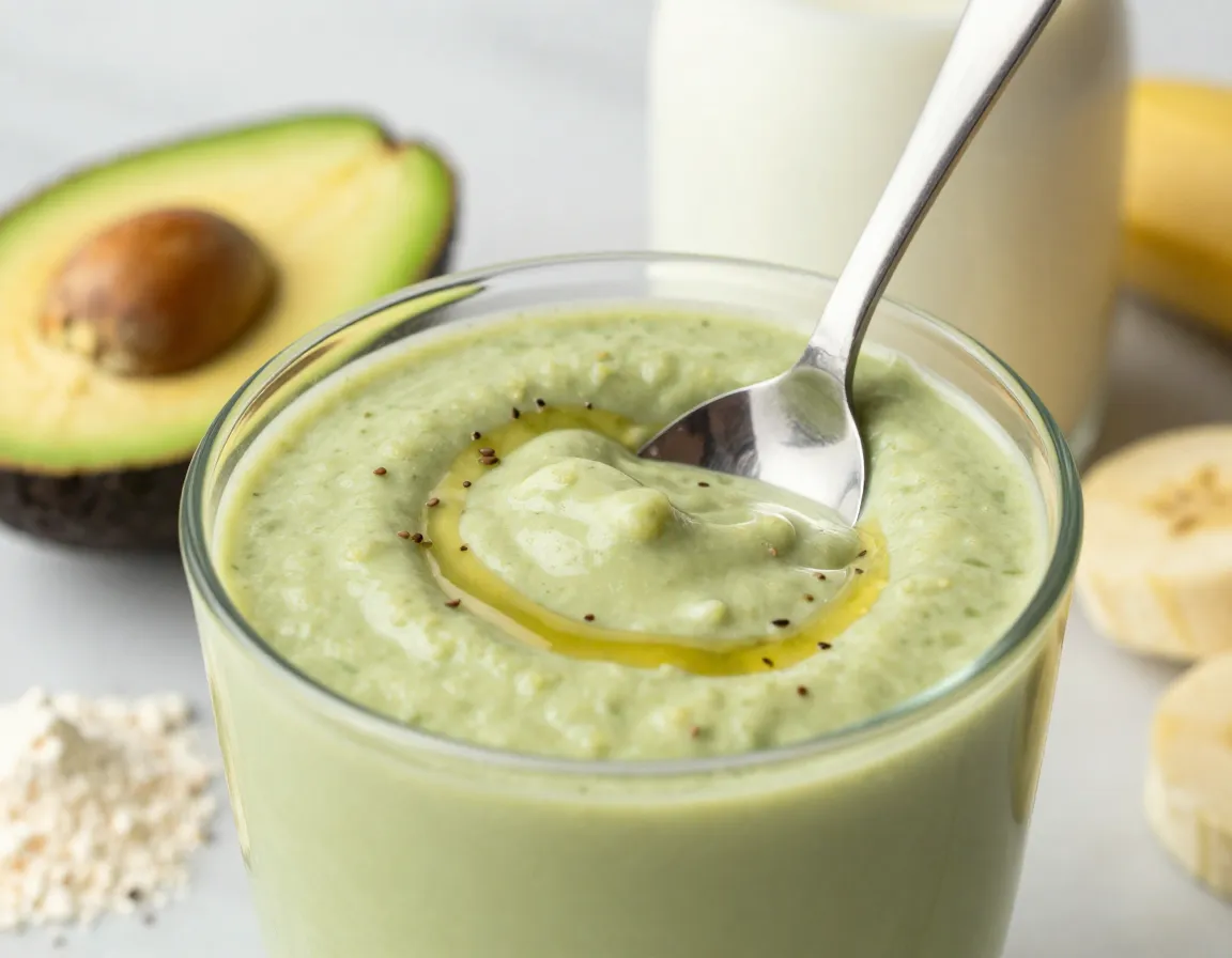 Creamy avocado matcha protein smoothie thick green texture