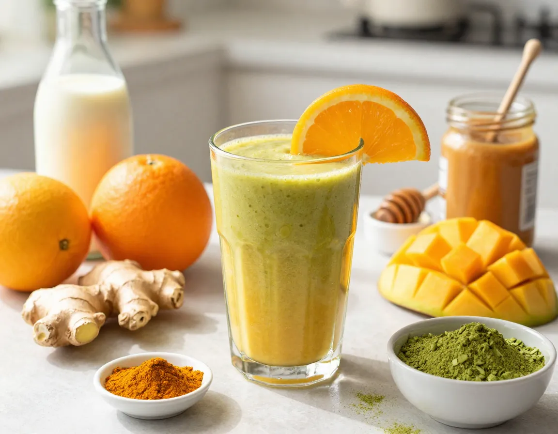 Citrus sunrise matcha smoothie with orange mango ginger