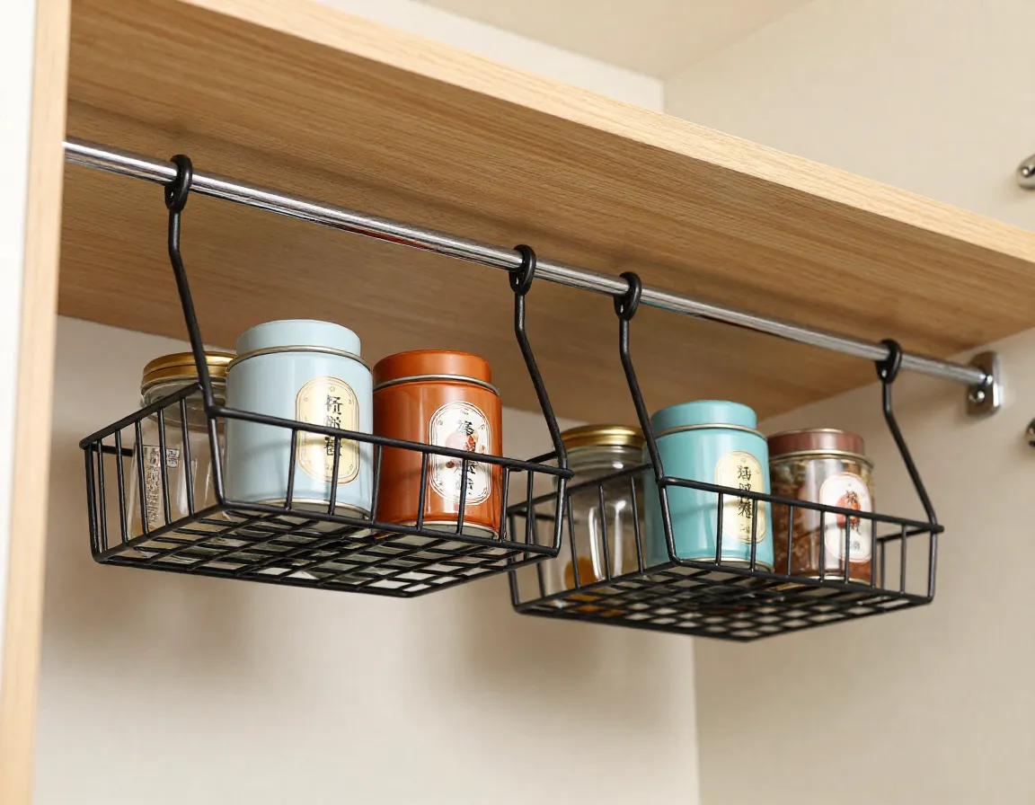 Under shelf wire baskets holding small tea tins and jars