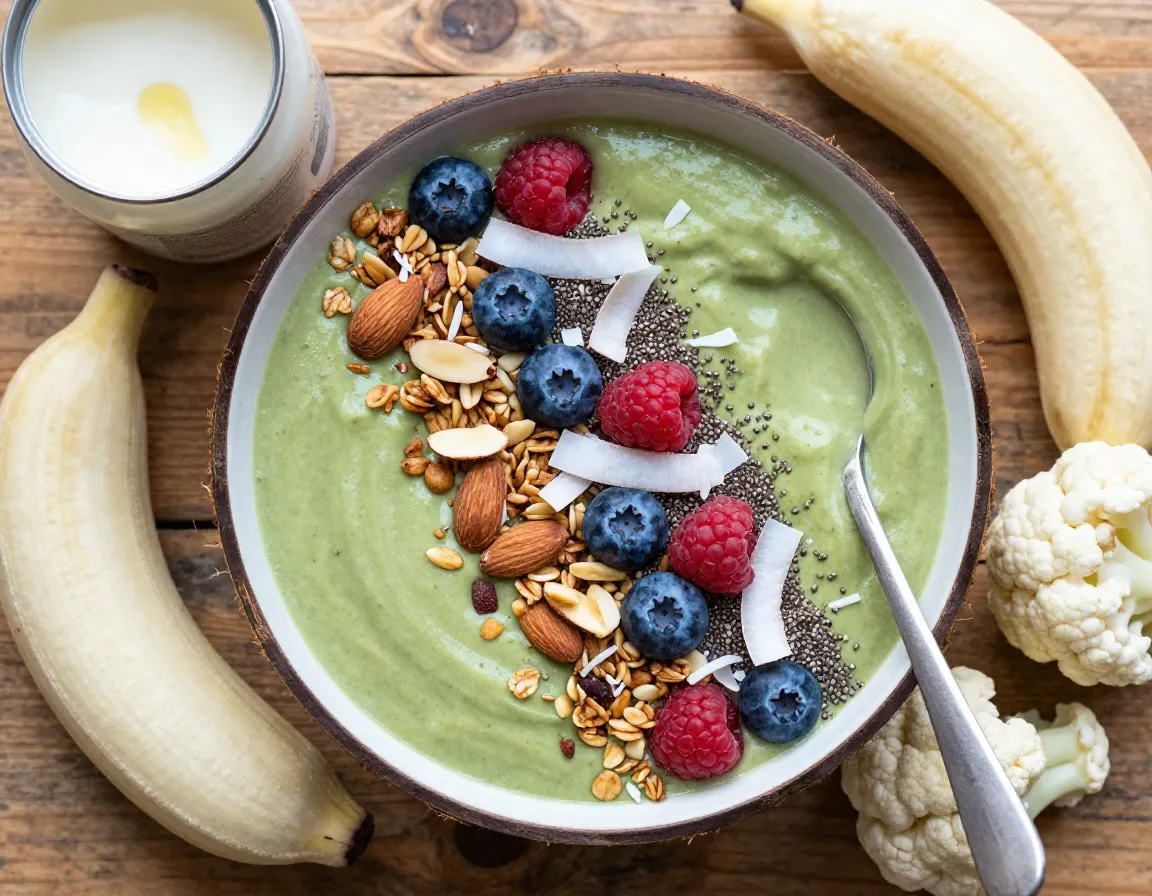 Coconut matcha smoothie bowl topped with granola berries almonds