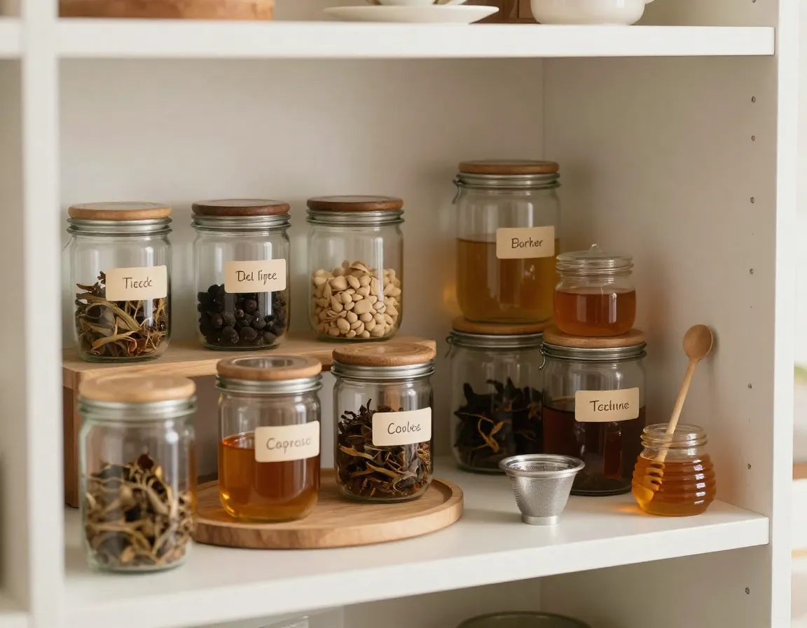Dedicated tea station with jars and accessories on a pantry shelf