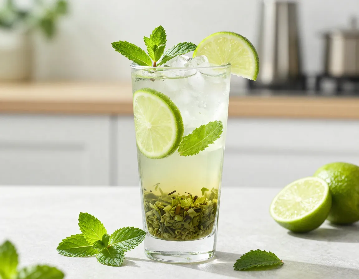 Green tea mojito with fresh mint and lime