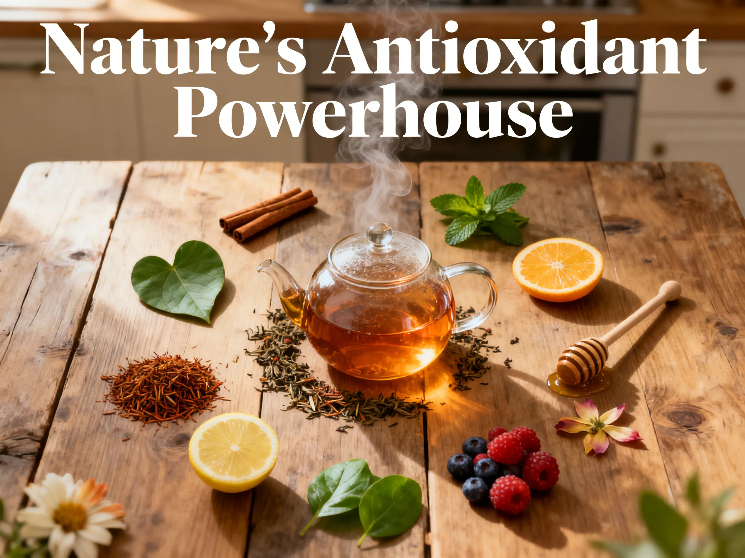 Rooibos tea antioxidant benefits health wellness flat lay