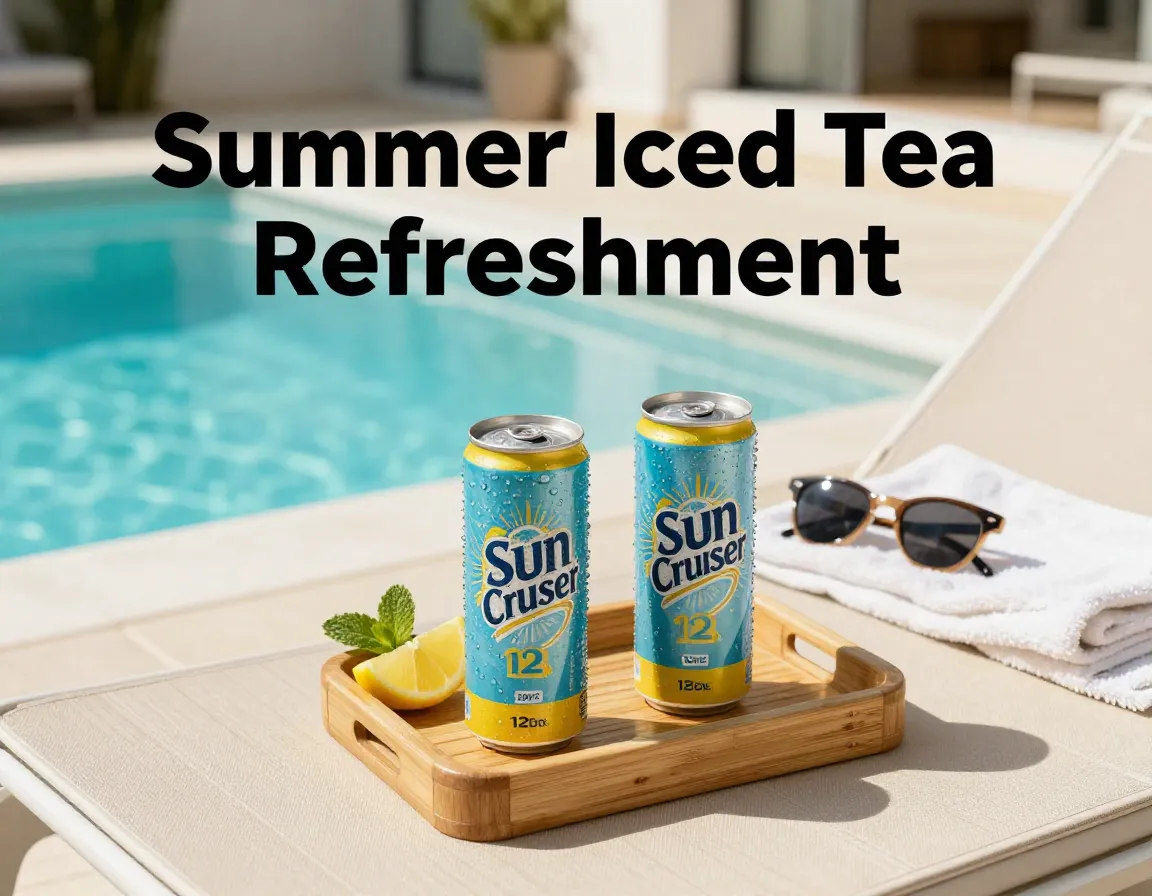 Sun cruiser iced tea cans poolside garnishes leisure summer vibes