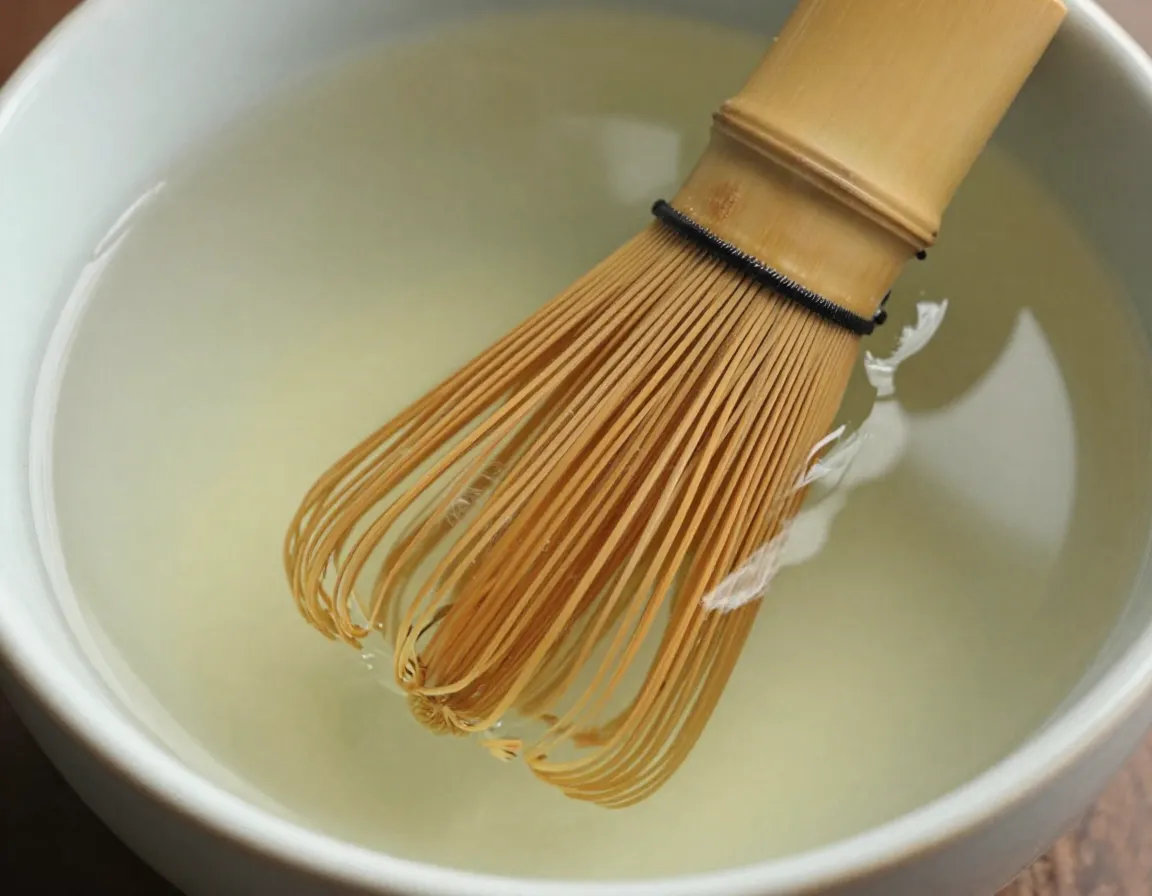 Close up of bamboo whisk soaking in hot water in a bowl