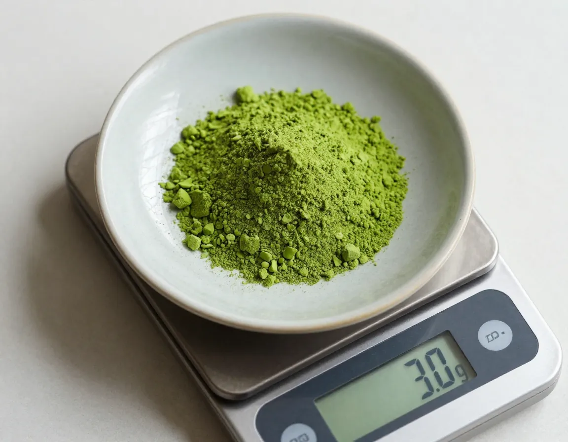 Digital scale measuring three grams of vibrant green matcha powder