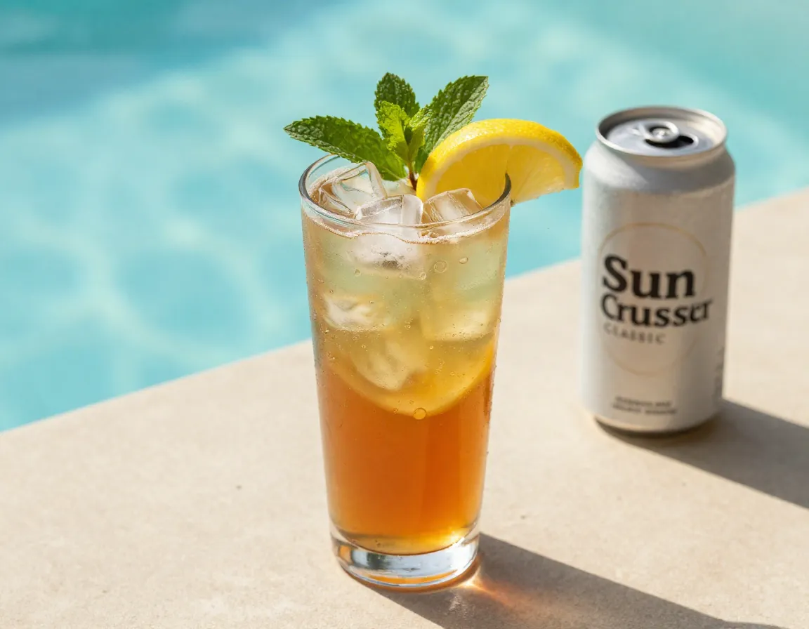 Garnished sun cruiser iced tea with mint and lemon