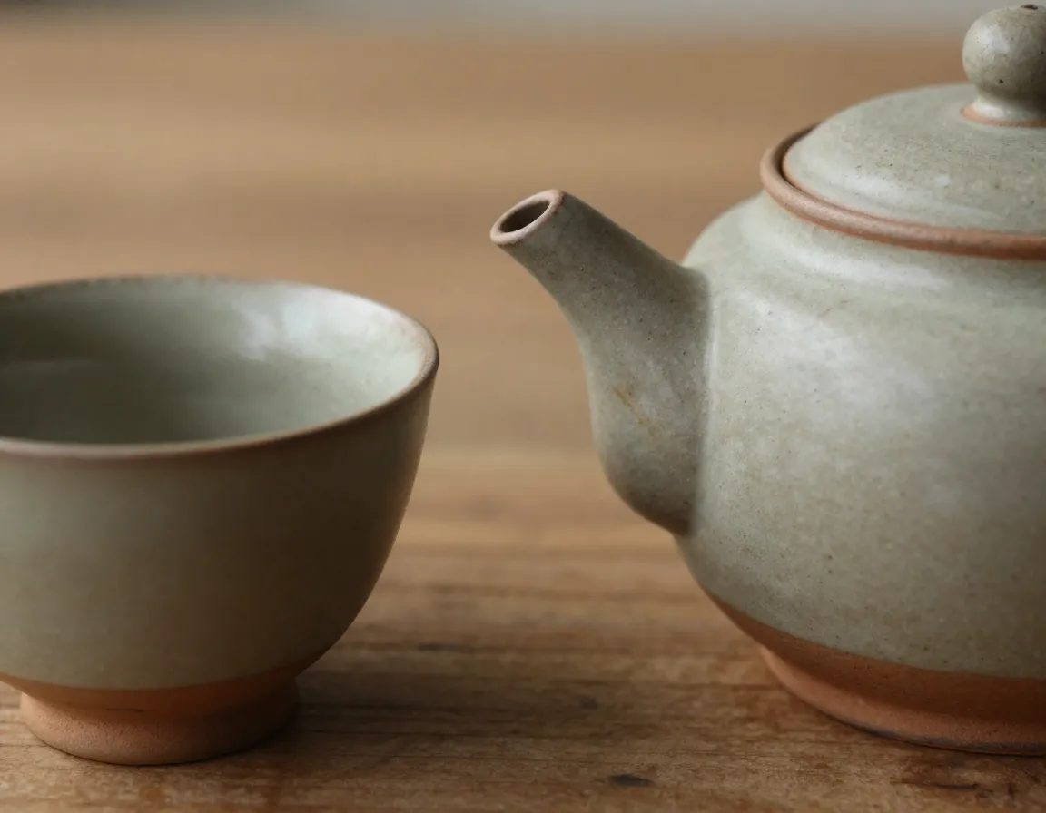 Handcrafted ceramic tea set with earth tone glazes visible throwing marks