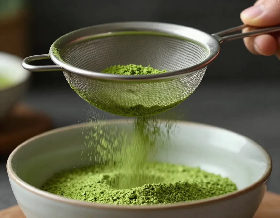 Hand sifting green matcha powder through a fine mesh sieve