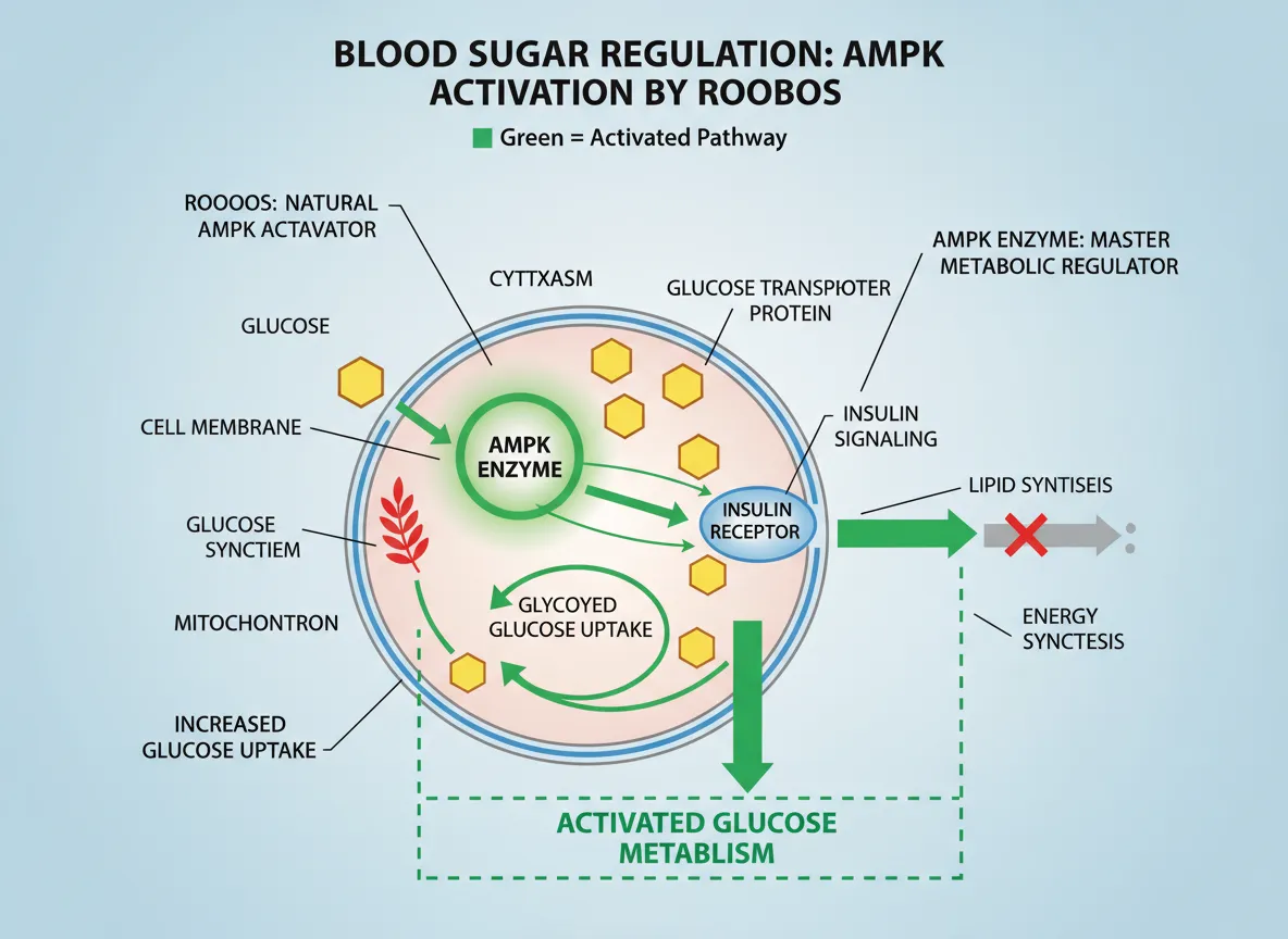 Blood sugar regulation mechanism showing ampk enzyme activation by rooibos